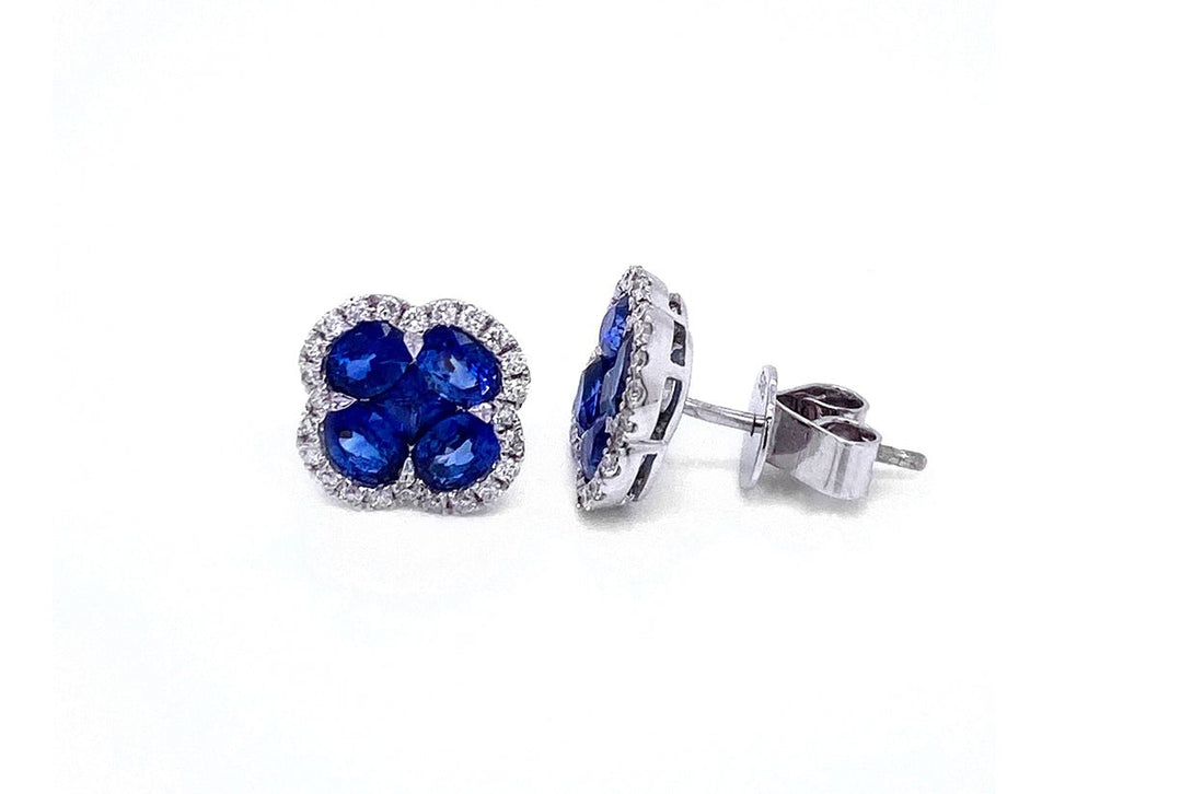 Earrings Flower 18kt Gold Blue Sapphire &amp; Diamonds - Diamond Tales Fine Jewelry