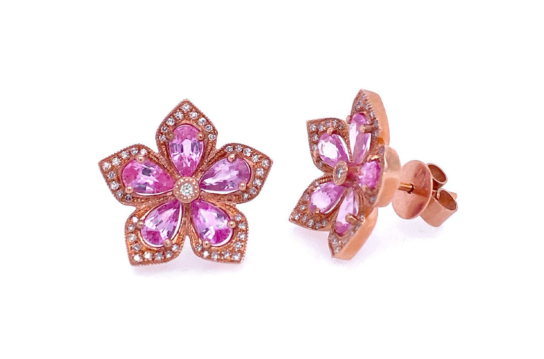 Earrings Flowers 14kt Gold Pink Sapphire &amp; Diamonds - Diamond Tales Fine Jewelry