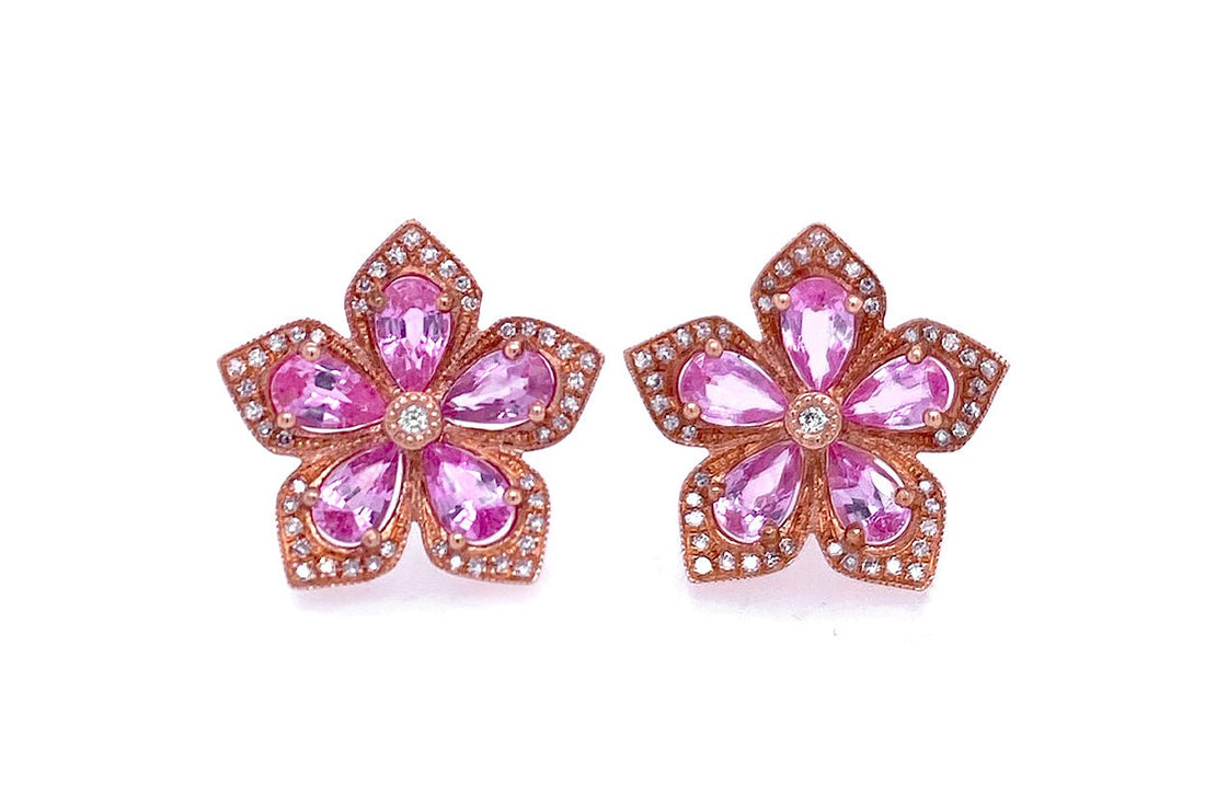 Earrings Flowers 14kt Gold Pink Sapphire &amp; Diamonds - Diamond Tales Fine Jewelry