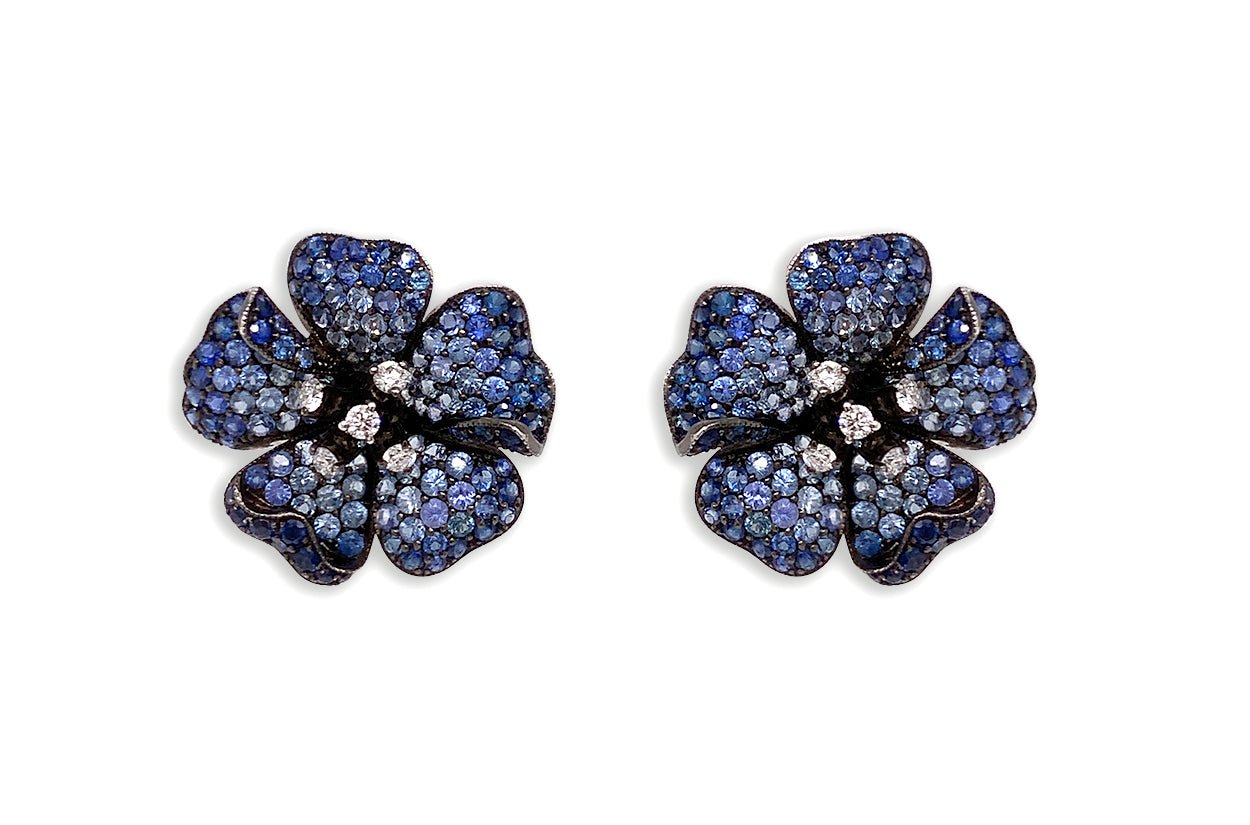 Earrings Flowers with Blue Sapphires Degrade &amp; Diamonds - Diamond Tales Fine Jewelry