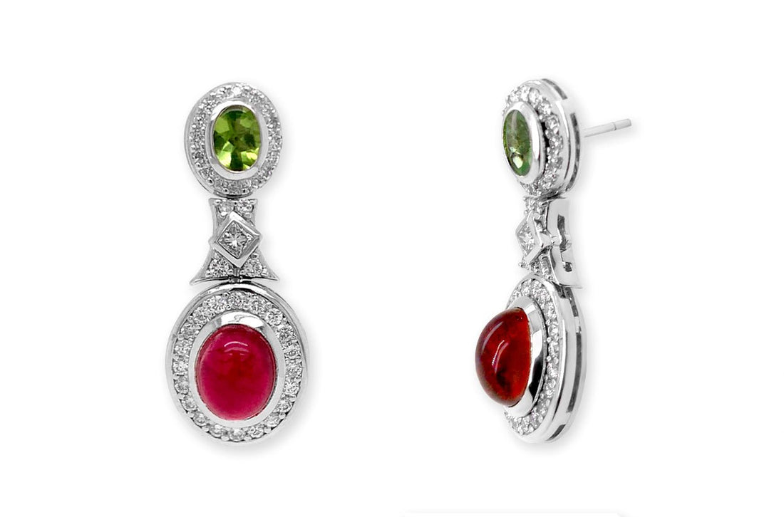 Earrings Peridot &amp; Tourmaline Cabochons with Diamonds - Diamond Tales Fine Jewelry
