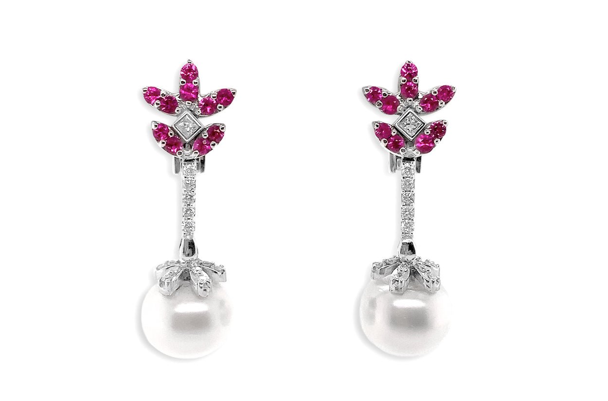 Earrings Pink Sapphires &amp; Diamonds with South Sea Pearls - Diamond Tales Fine Jewelry