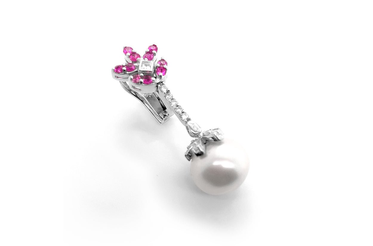 Earrings Pink Sapphires &amp; Diamonds with South Sea Pearls - Diamond Tales Fine Jewelry