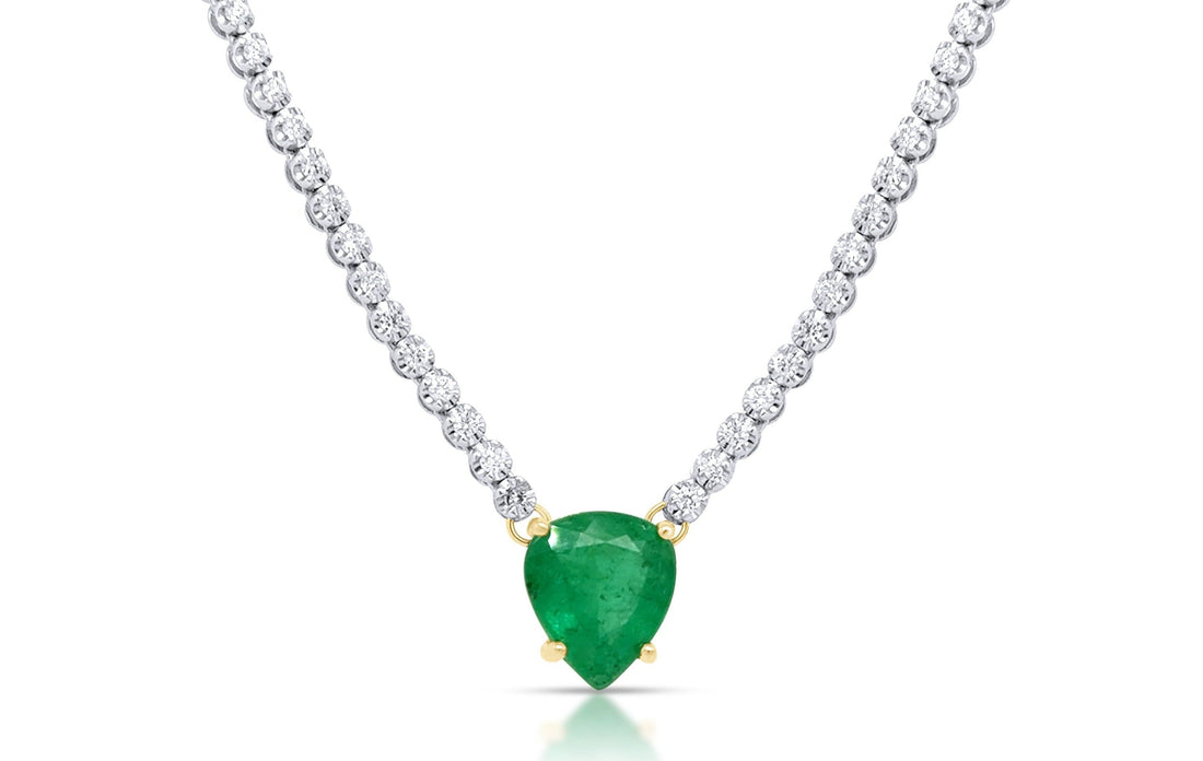 Necklace 18k Gold Round Diamonds 1.50 cts Tennis and Heart Shape Emerald Pendant