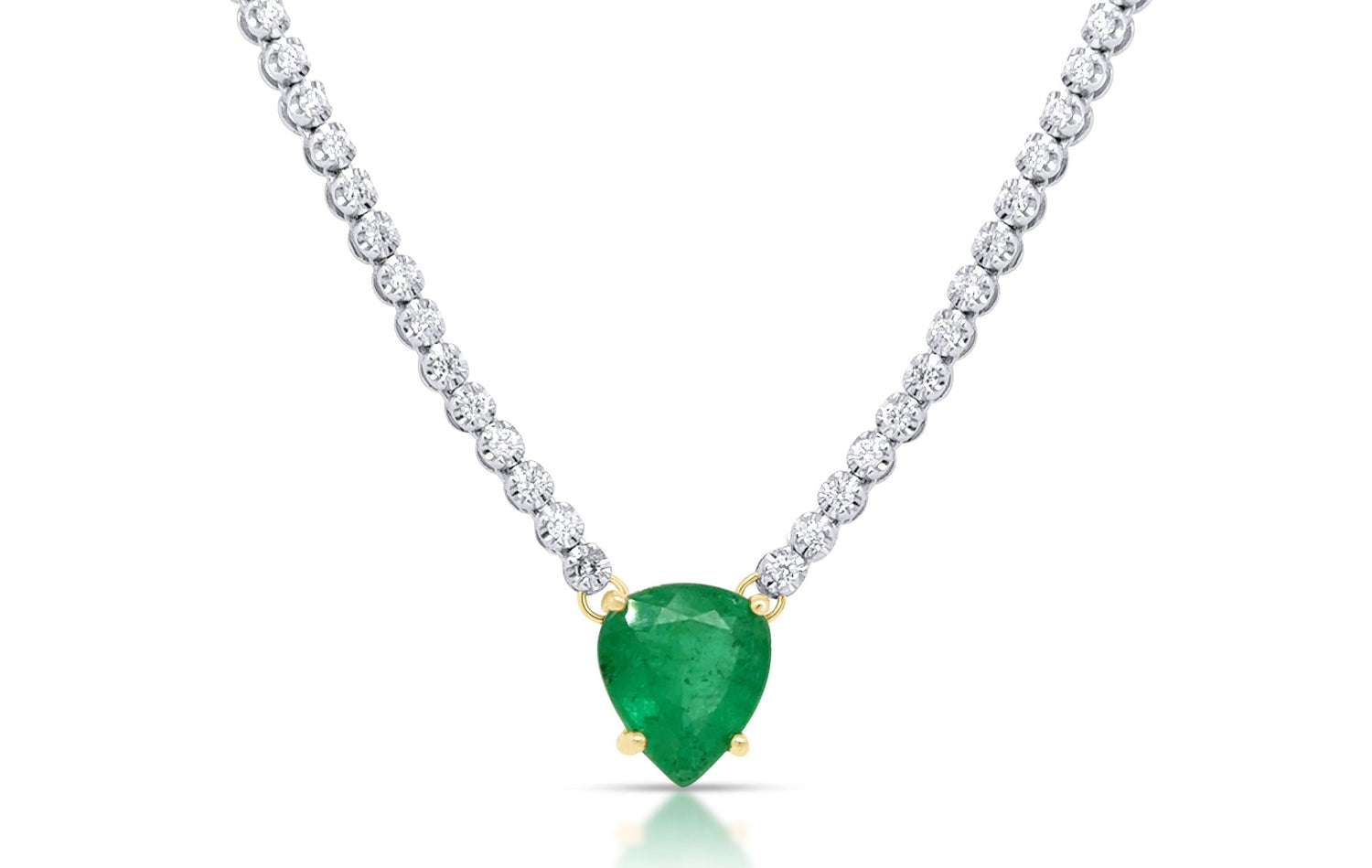 Necklace 18k Gold Round Diamonds 1.50 cts Tennis and Heart Shape Emerald Pendant