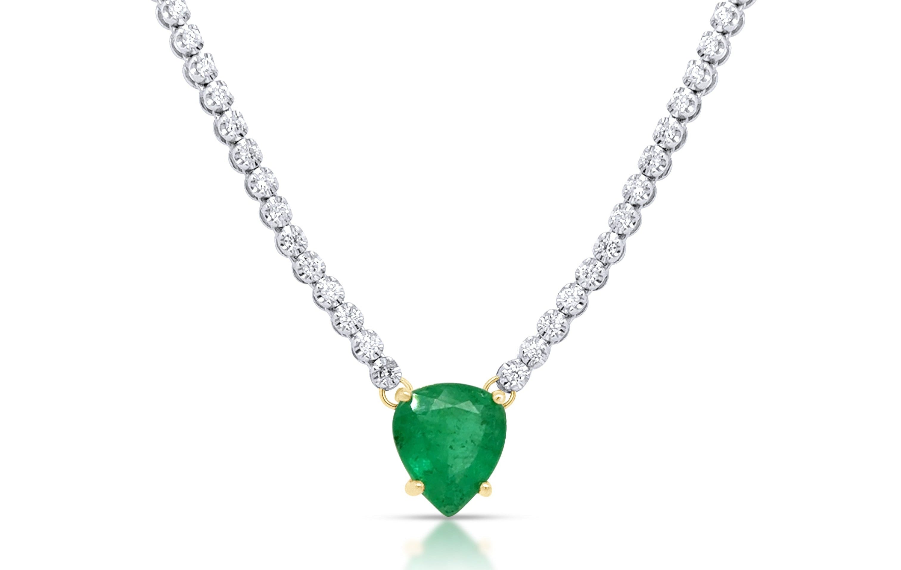 Necklace 18k Gold Round Diamonds 1.50 cts Tennis and Heart Shape Emerald Pendant