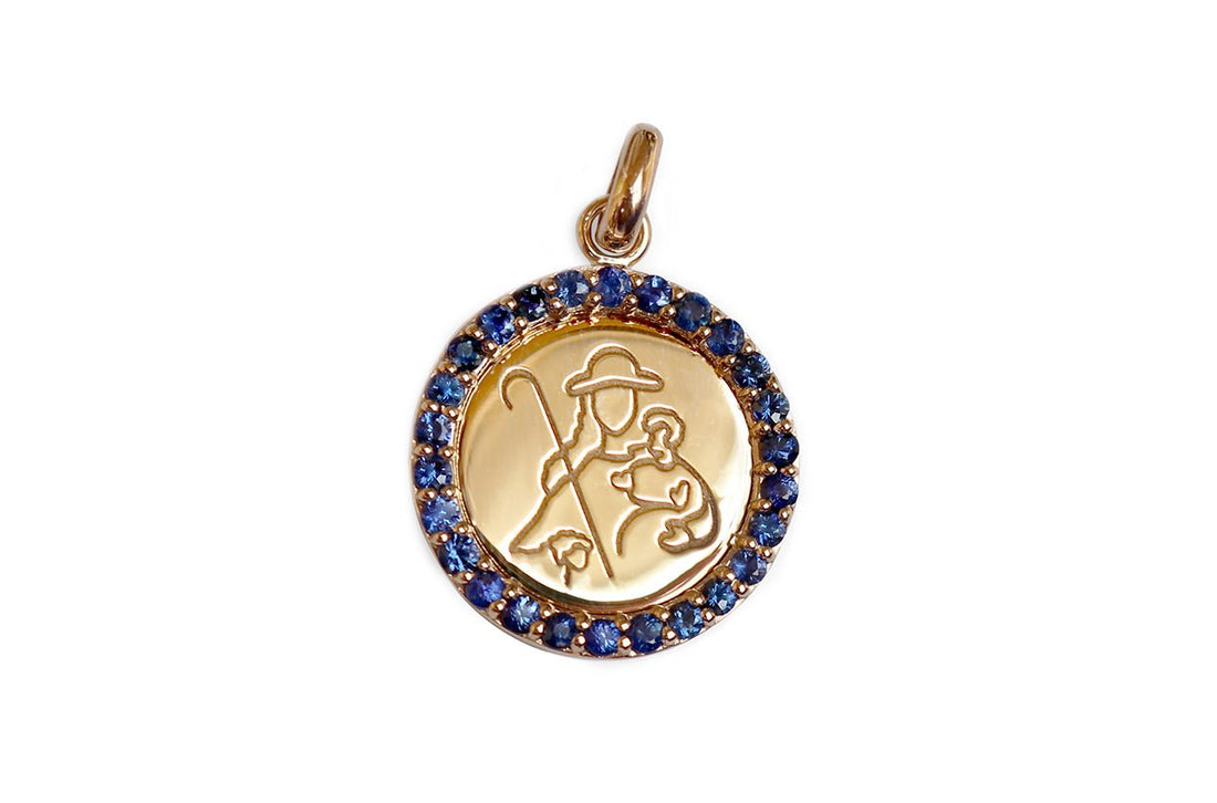 Medal Divine Shepherdes | Divina Pastora Gold &amp; Blue Sapphires - Diamond Tales Fine Jewelry