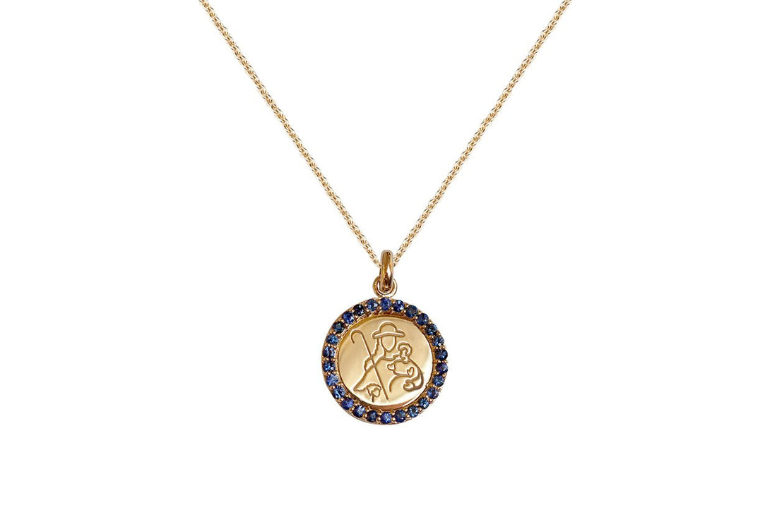 Medal Divine Shepherdes | Divina Pastora Gold &amp; Blue Sapphires - Diamond Tales Fine Jewelry