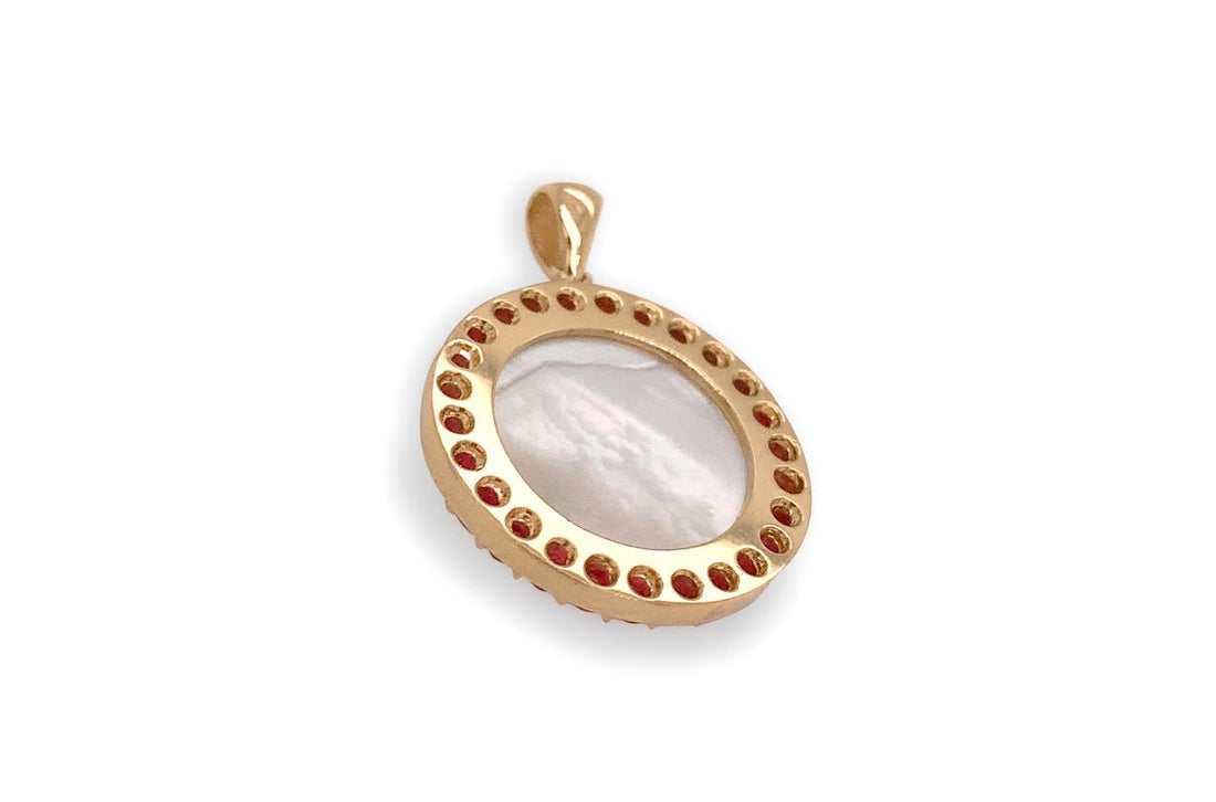 Medal Mother of Pearl Our Lady of Coromoto | Virgen de Coromoto 14kt Gold &amp; Rubies - Diamond Tales Fine Jewelry