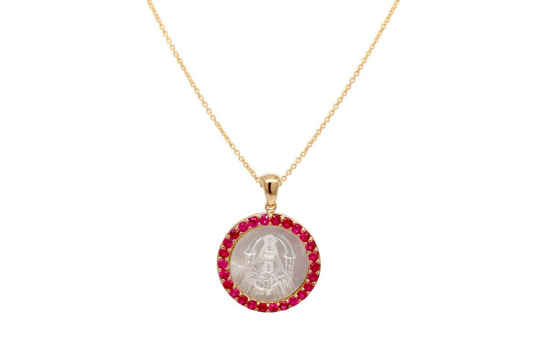 Medal Mother of Pearl Our Lady of Coromoto | Virgen de Coromoto 14kt Gold &amp; Rubies - Diamond Tales Fine Jewelry