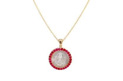 Medal Mother of Pearl Our Lady of Coromoto | Virgen de Coromoto 14kt Gold &amp; Rubies - Diamond Tales Fine Jewelry