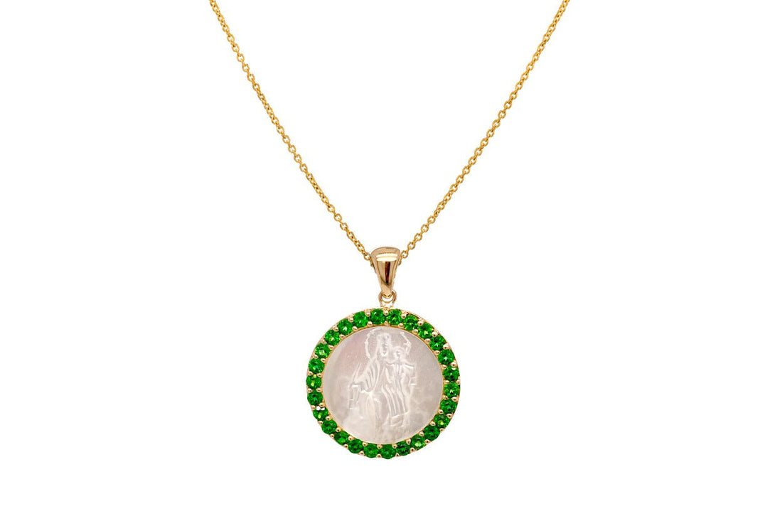 Medal Mother of Pearl Our Lady of Mount Carmen | Virgen del Carmen 14kt Gold &amp; Gemstones - Diamond Tales Fine Jewelry