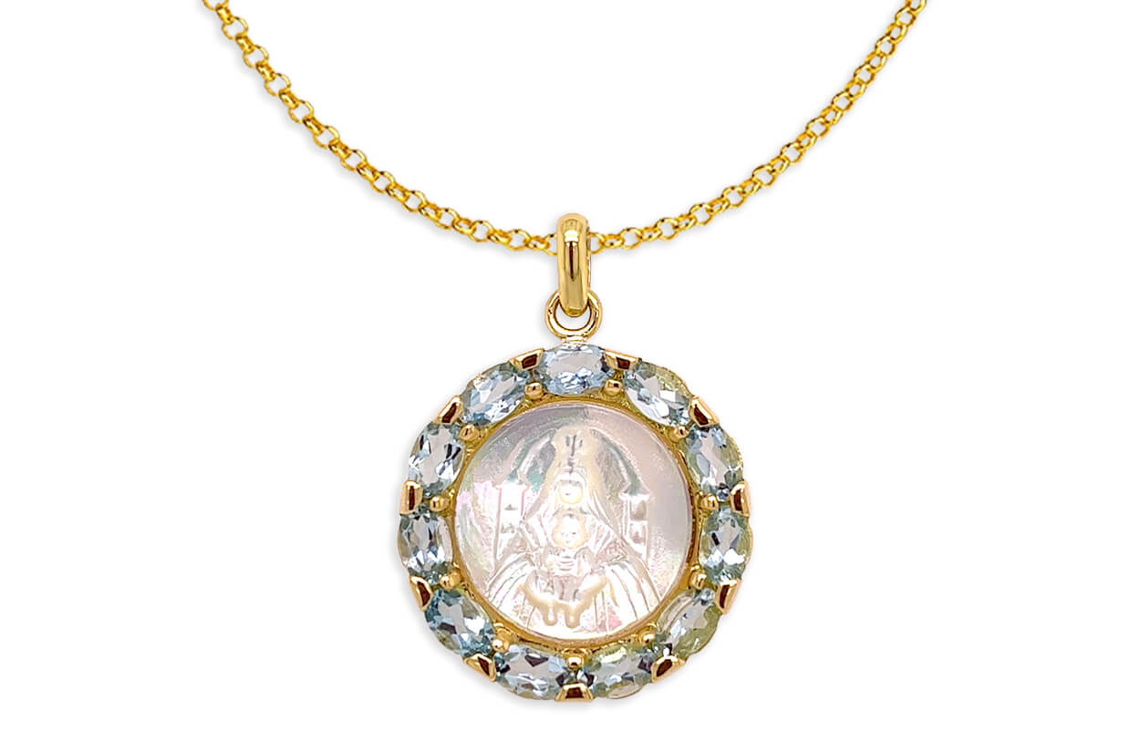 Medal Mother of Pearl Our Lady of Mount Carmen | Virgen del Carmen 18kt Gold &amp; Aquamarines - Diamond Tales Fine Jewelry