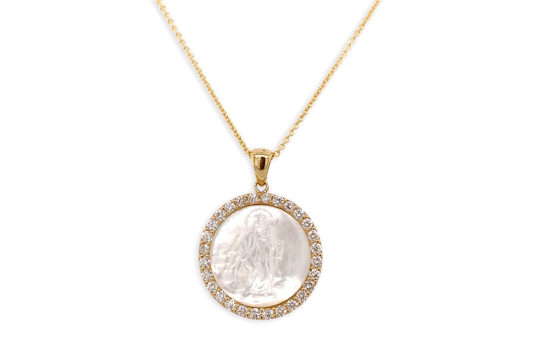 Medal Mother of Pearl Our Lady of Mount Carmen | Virgen del Carmen 18kt Gold &amp; Diamonds - Diamond Tales Fine Jewelry