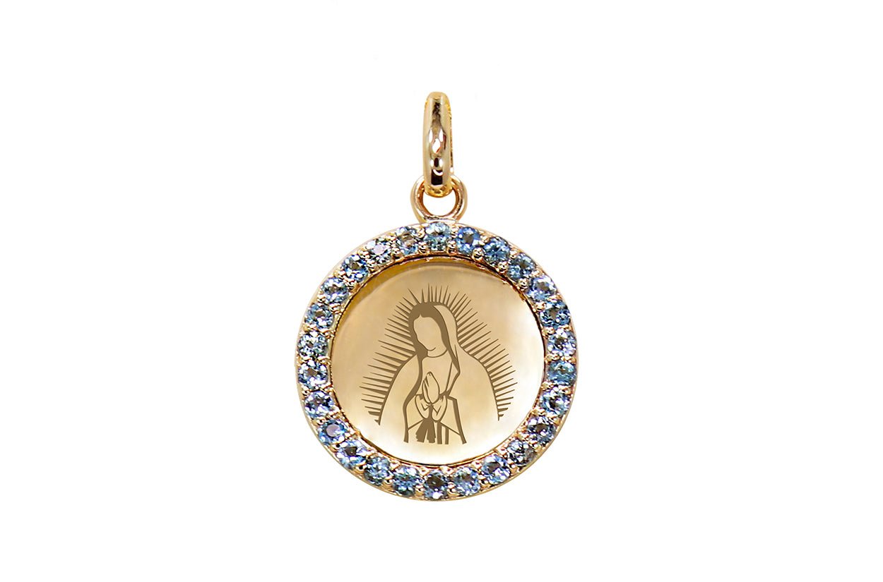 Medal Our Lady of Guadalupe | Virgen de Guadalupe Gold &amp; Aquamarine - Diamond Tales Fine Jewelry