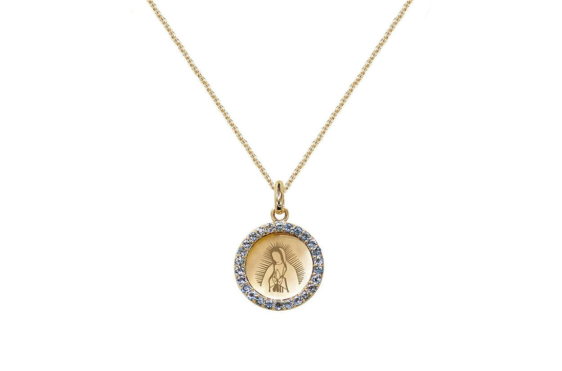 Medal Our Lady of Guadalupe | Virgen de Guadalupe Gold &amp; Aquamarine - Diamond Tales Fine Jewelry