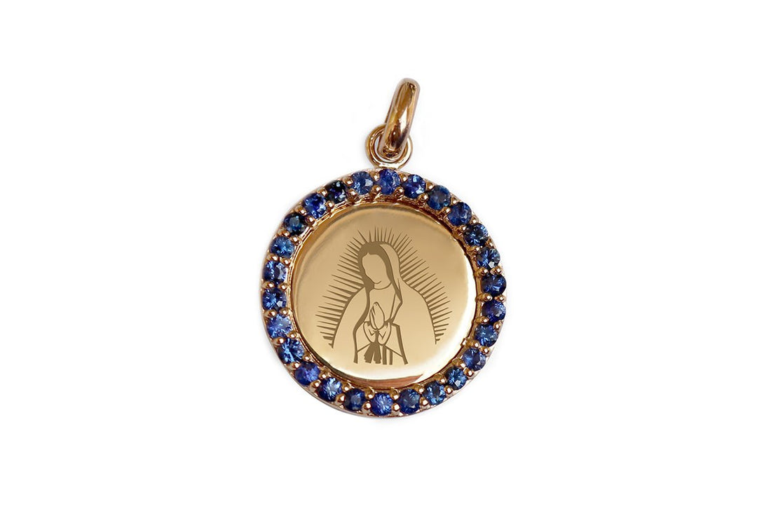 Medal Our Lady of Guadalupe | Virgen de Guadalupe Gold &amp; Blue Sapphires - Diamond Tales Fine Jewelry