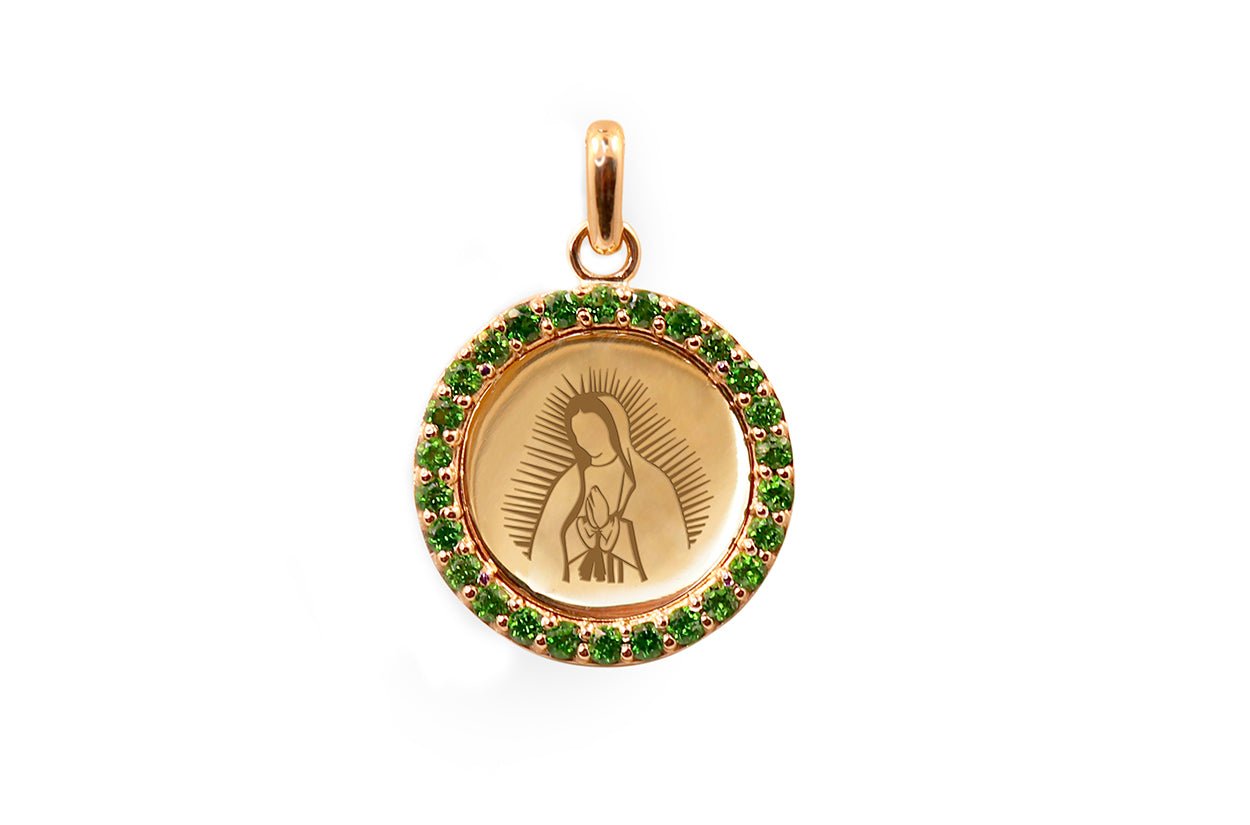 Medal Our Lady of Guadalupe | Virgen de Guadalupe Gold &amp; Green Garnet - Diamond Tales Fine Jewelry