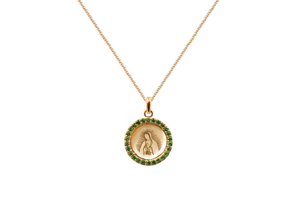 Medal Our Lady of Guadalupe | Virgen de Guadalupe Gold &amp; Green Garnet - Diamond Tales Fine Jewelry