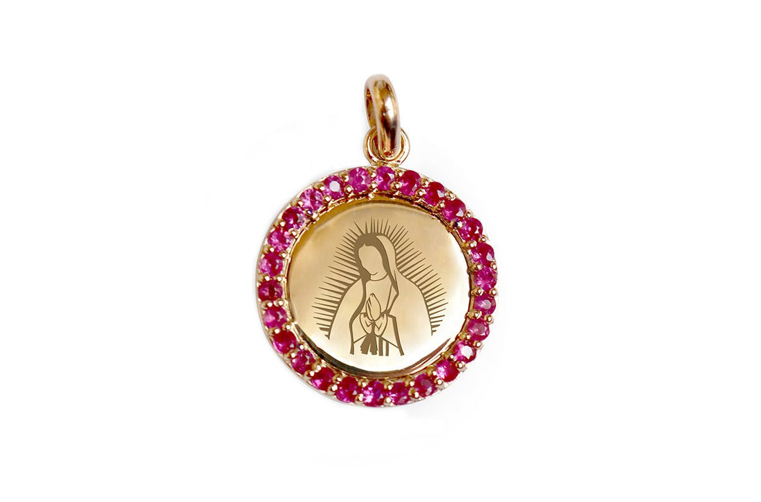 Medal Our Lady of Guadalupe | Virgen de Guadalupe Gold &amp; Hot Pink Sapphires - Diamond Tales Fine Jewelry