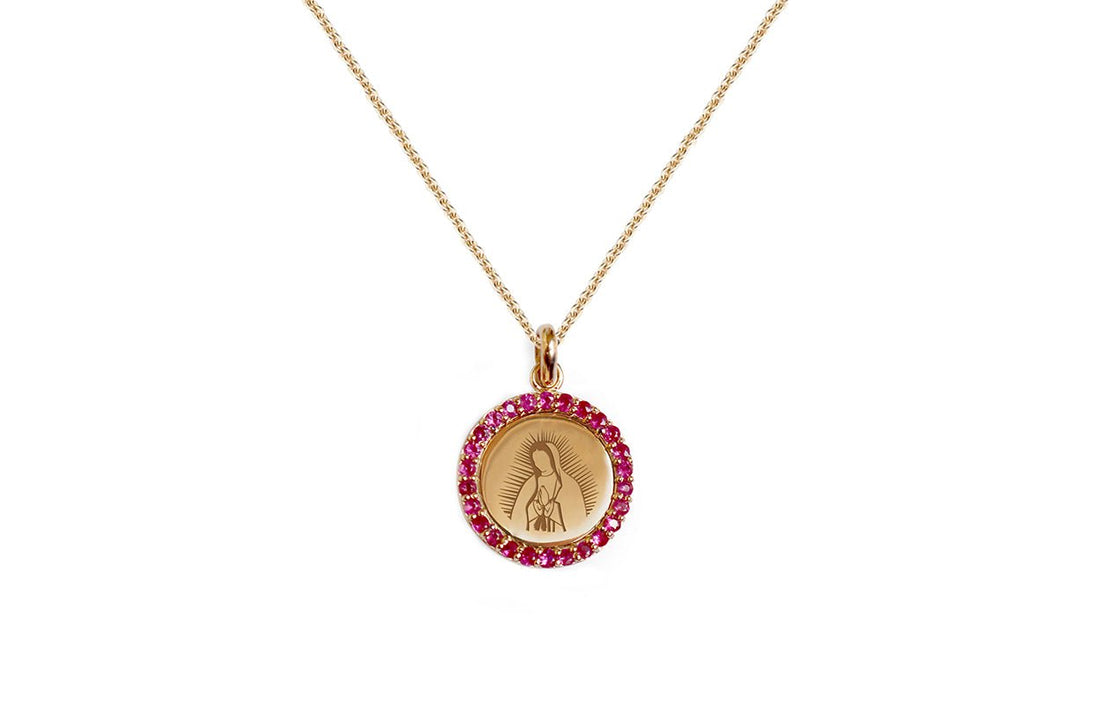 Medal Our Lady of Guadalupe | Virgen de Guadalupe Gold &amp; Hot Pink Sapphires - Diamond Tales Fine Jewelry