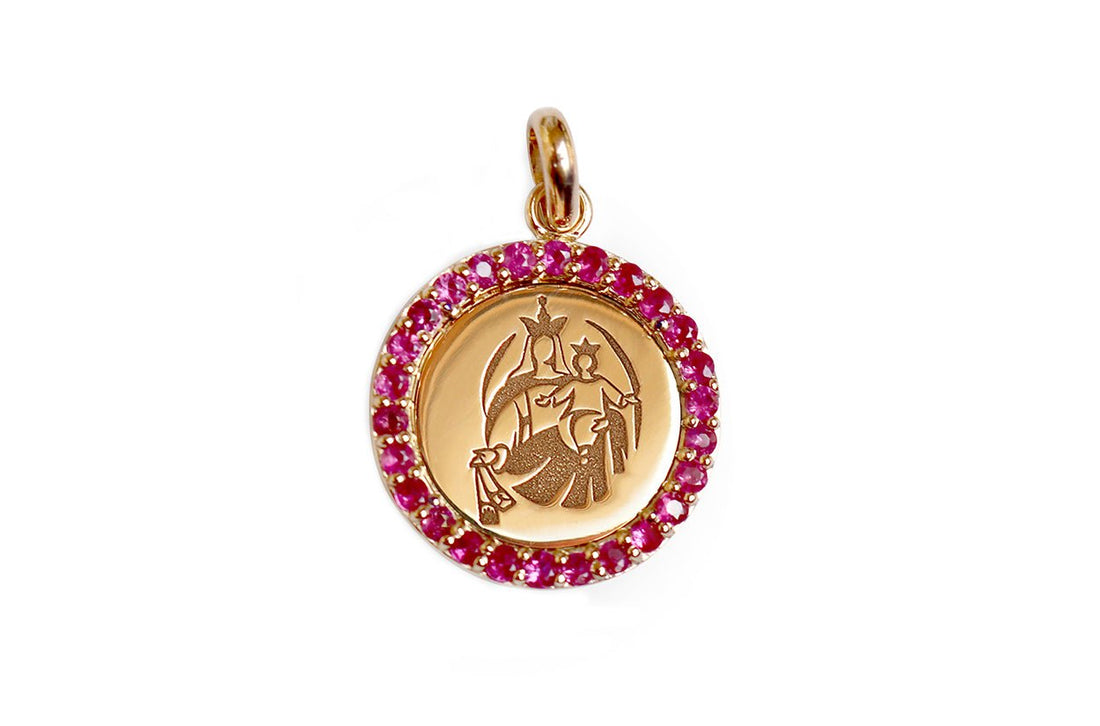 Medal Our Lady of Mount Carmen | Virgen del Carmen Gold &amp; Hot Pink Sapphires - Diamond Tales Fine Jewelry