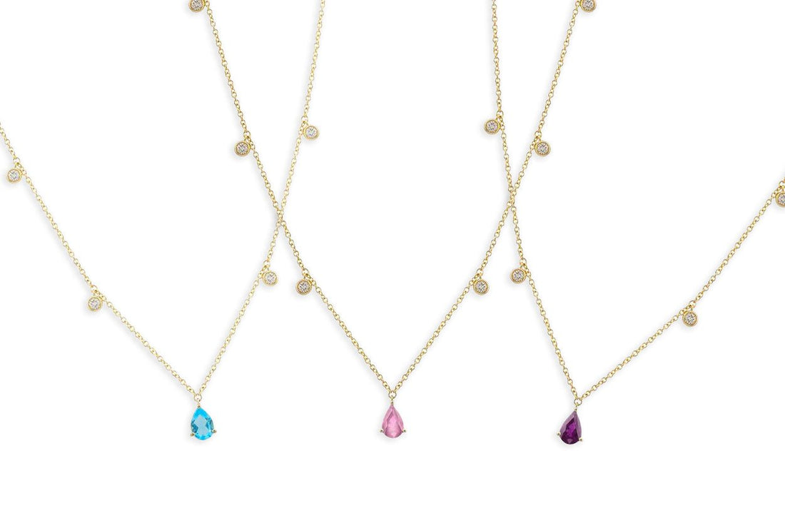 Necklace 14kt Gold Pear Shape Gemstones &amp; Diamonds - Diamond Tales Fine Jewelry