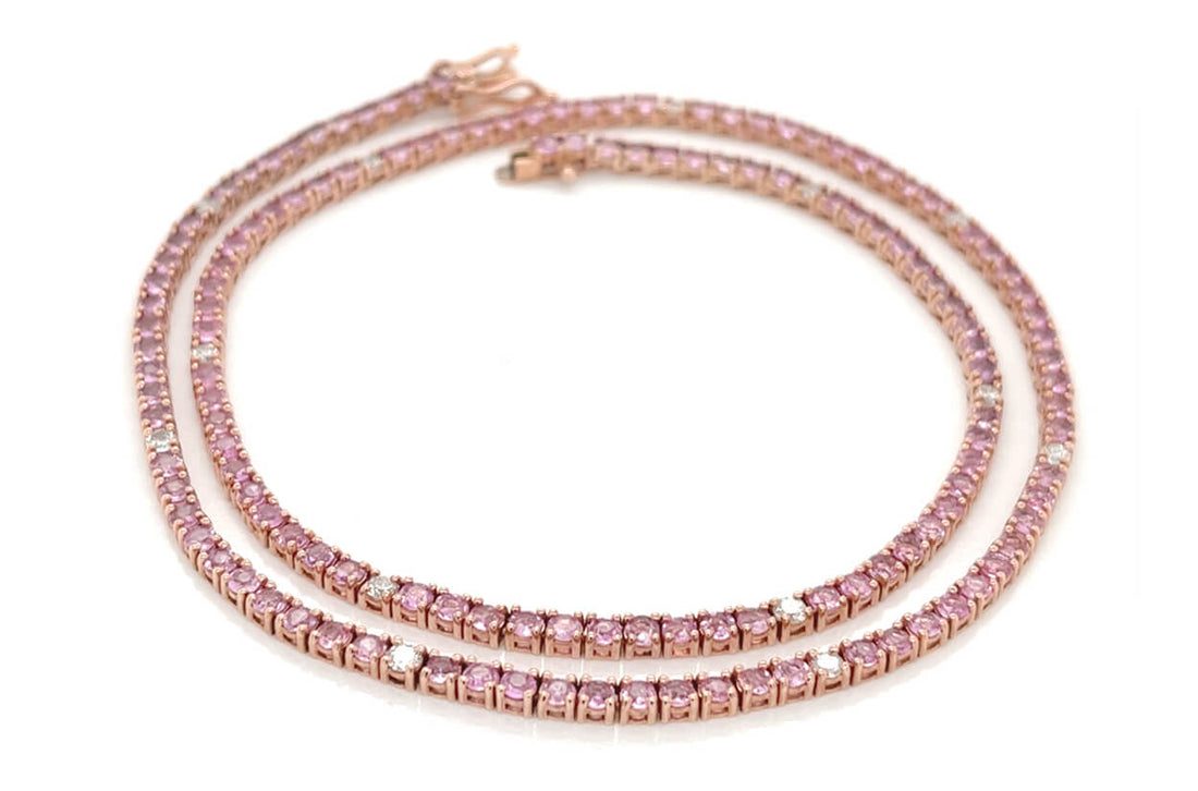 Necklace 14kt Gold Round Pink Sapphires &amp; Diamonds Tennis - Diamond Tales Fine Jewelry