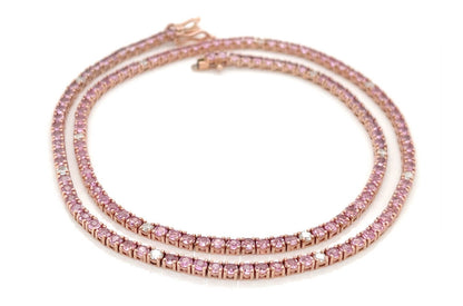 Necklace 14kt Gold Round Pink Sapphires &amp; Diamonds Tennis - Diamond Tales Fine Jewelry