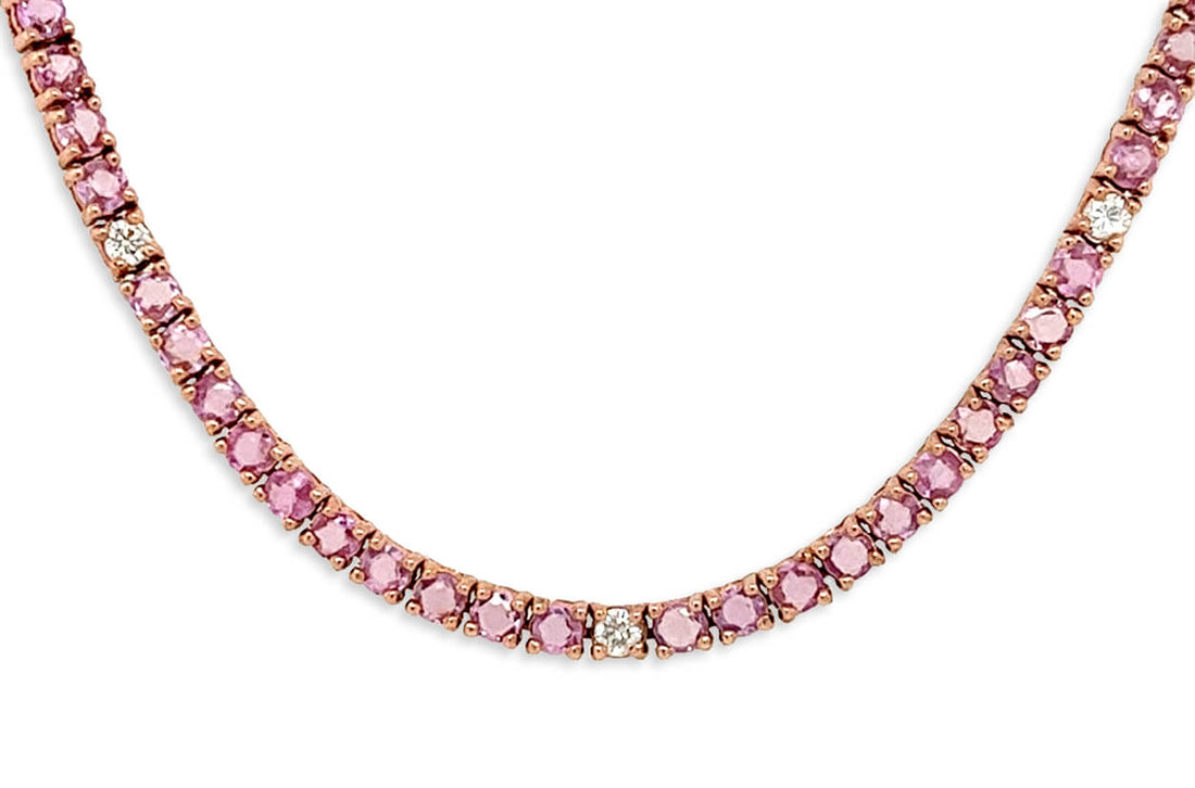 Necklace 14kt Gold Round Pink Sapphires &amp; Diamonds Tennis - Diamond Tales Fine Jewelry