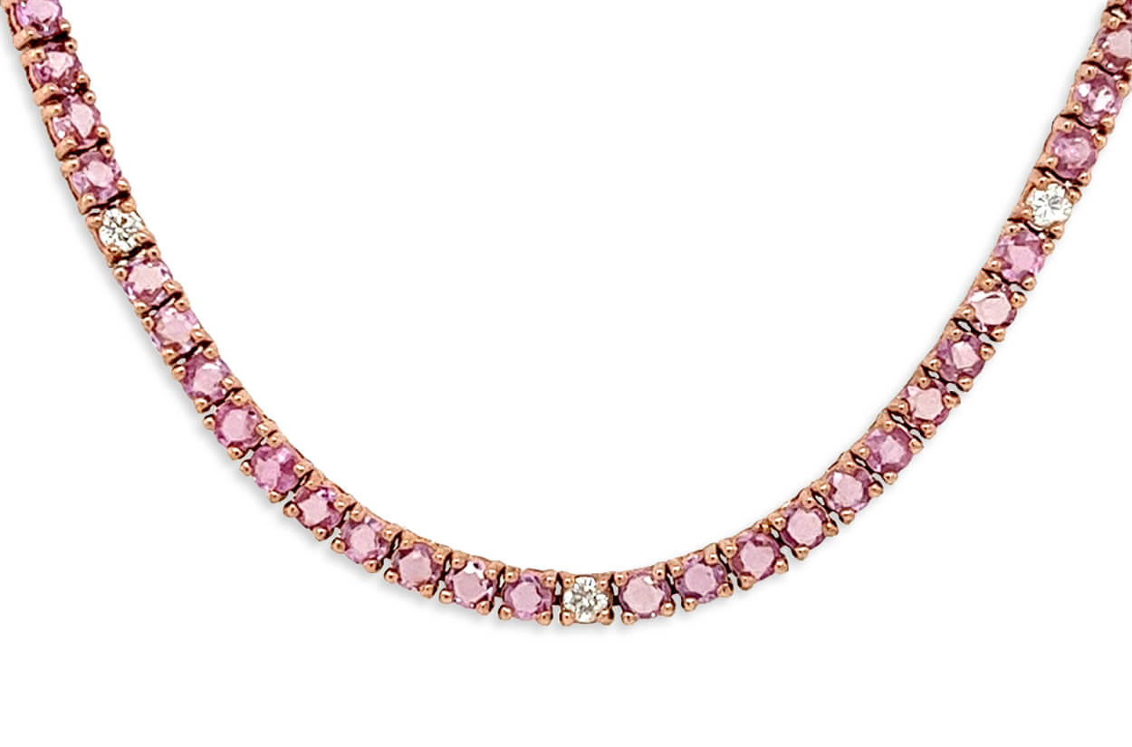 Necklace 14kt Gold Round Pink Sapphires &amp; Diamonds Tennis - Diamond Tales Fine Jewelry