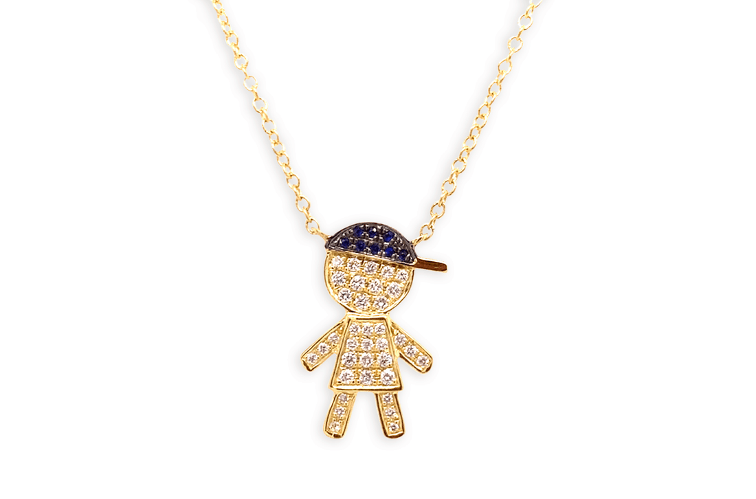 Necklace 18kt Gold Boy with Sapphire Hat &amp; Diamonds - Diamond Tales Fine Jewelry