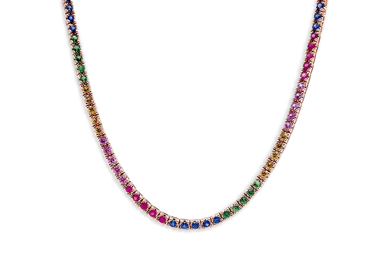 Necklace 18kt Gold Multicolor Sapphires &amp; Tsavorites Tennis - Diamond Tales Fine Jewelry