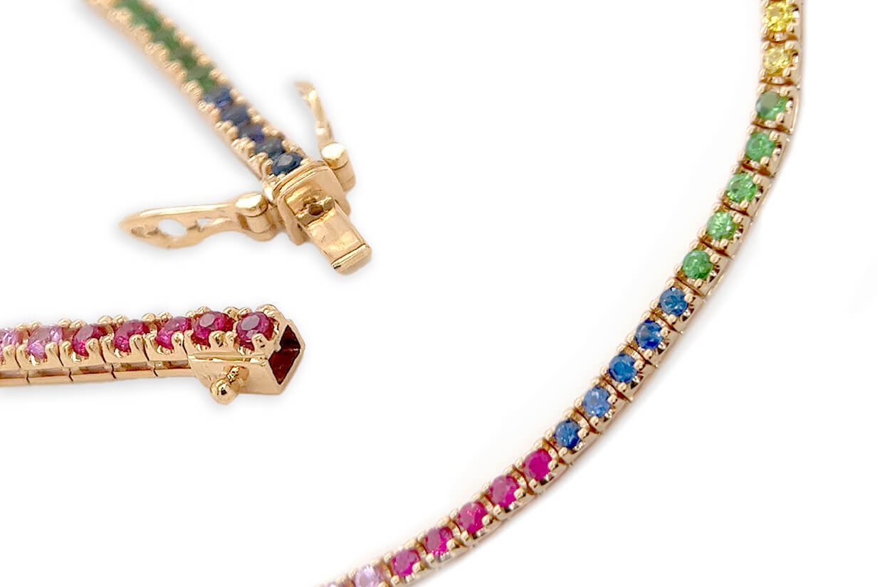 Necklace 18kt Gold Multicolor Sapphires &amp; Tsavorites Tennis - Diamond Tales Fine Jewelry