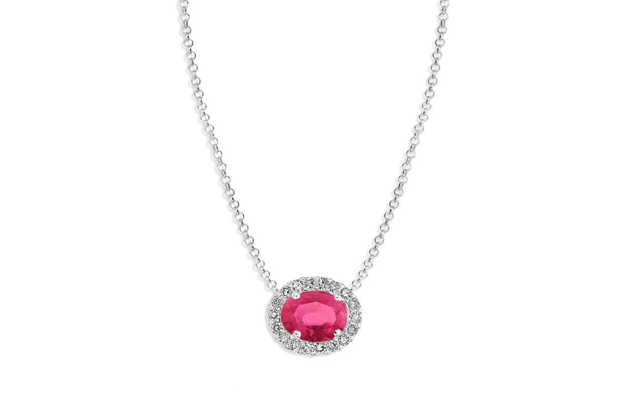 Necklace 18kt Gold Oval Pink Sapphire &amp; Pave Diamonds - Diamond Tales Fine Jewelry