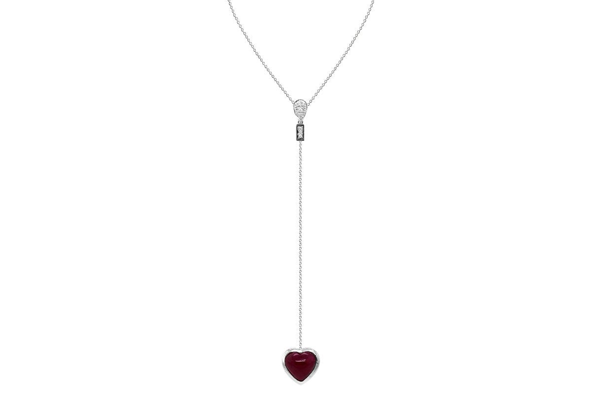 Necklace 18kt Gold Y style with Ruby Heart &amp; Diamonds - Diamond Tales Fine Jewelry