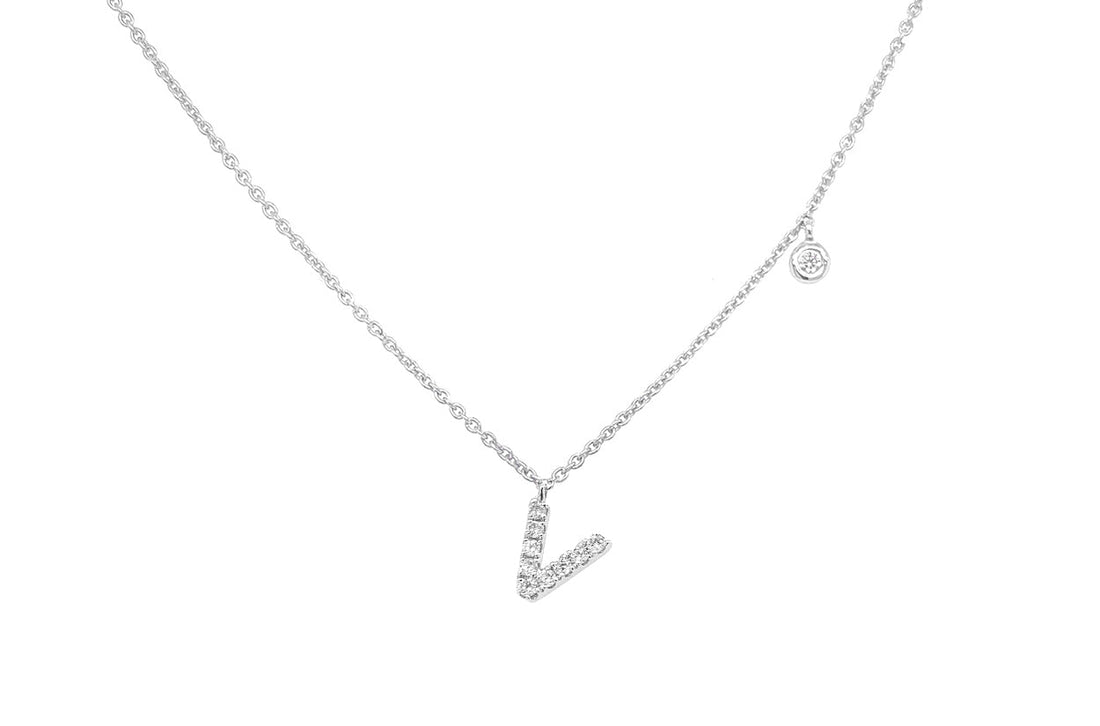 Necklace Initial Letter V White Gold with Diamond - Diamond Tales Fine Jewelry