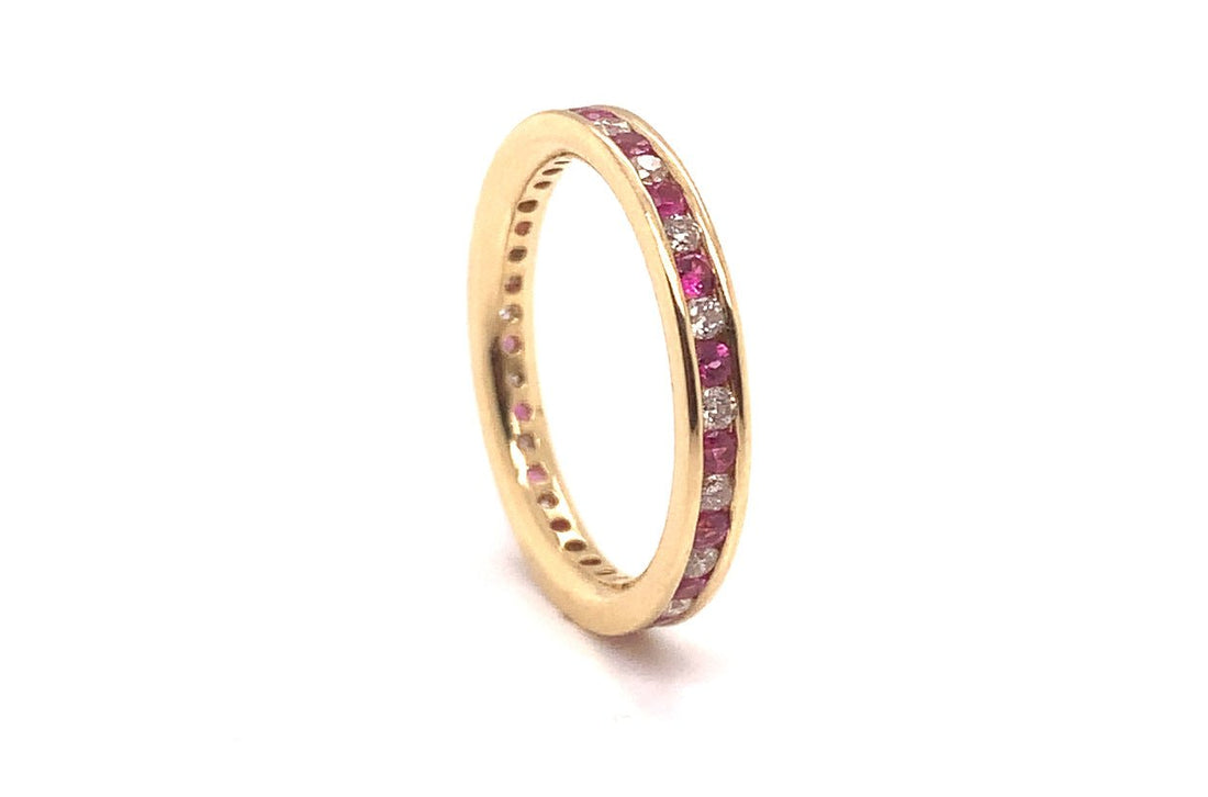 Ring 14kt Yellow Gold Eternity Ring Rubies and Diamonds - Diamond Tales Fine Jewelry