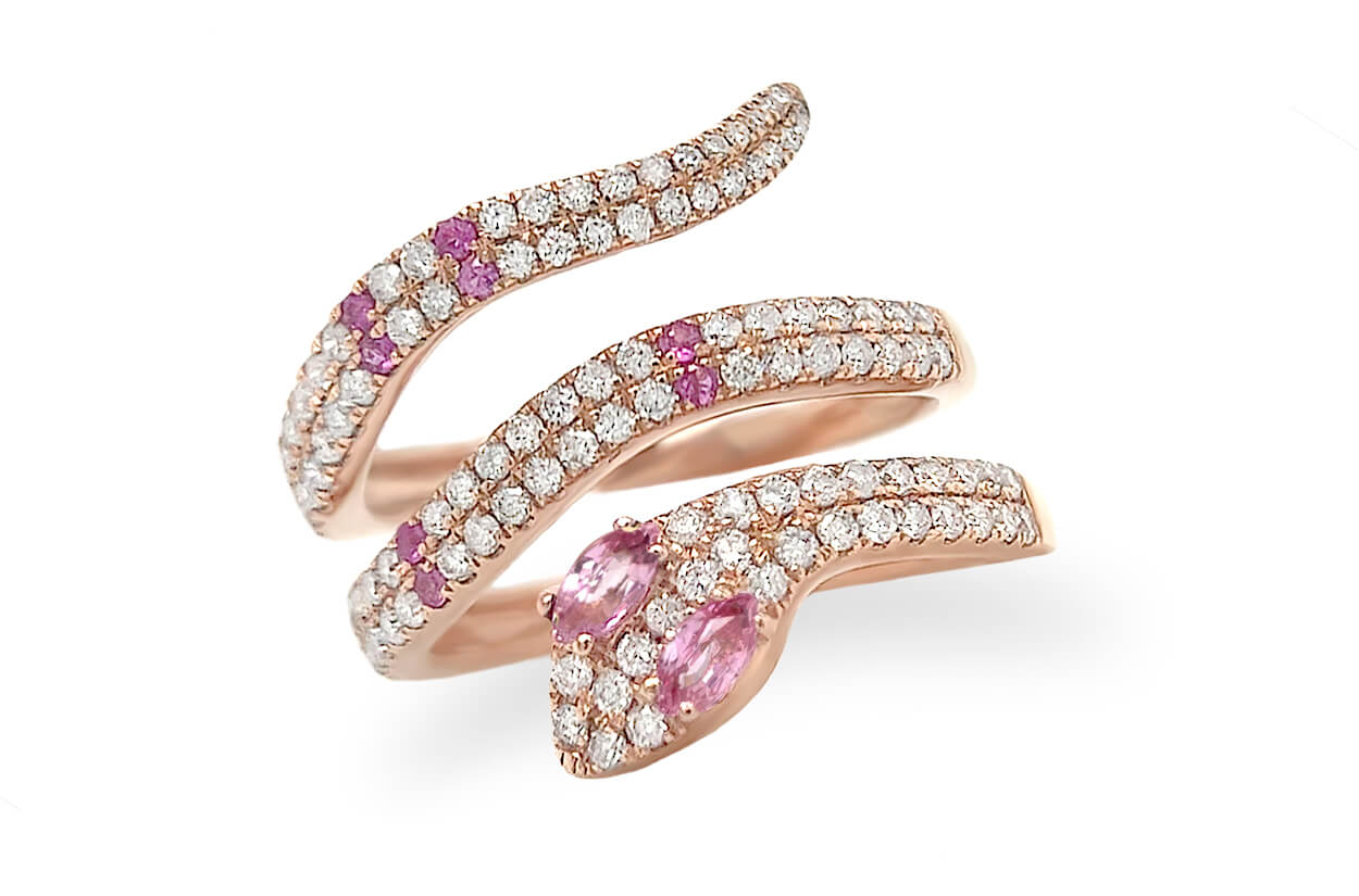 Ring 18kt Gold Coiled Snake Pink Sapphires &amp; Diamonds - Diamond Tales Fine Jewelry