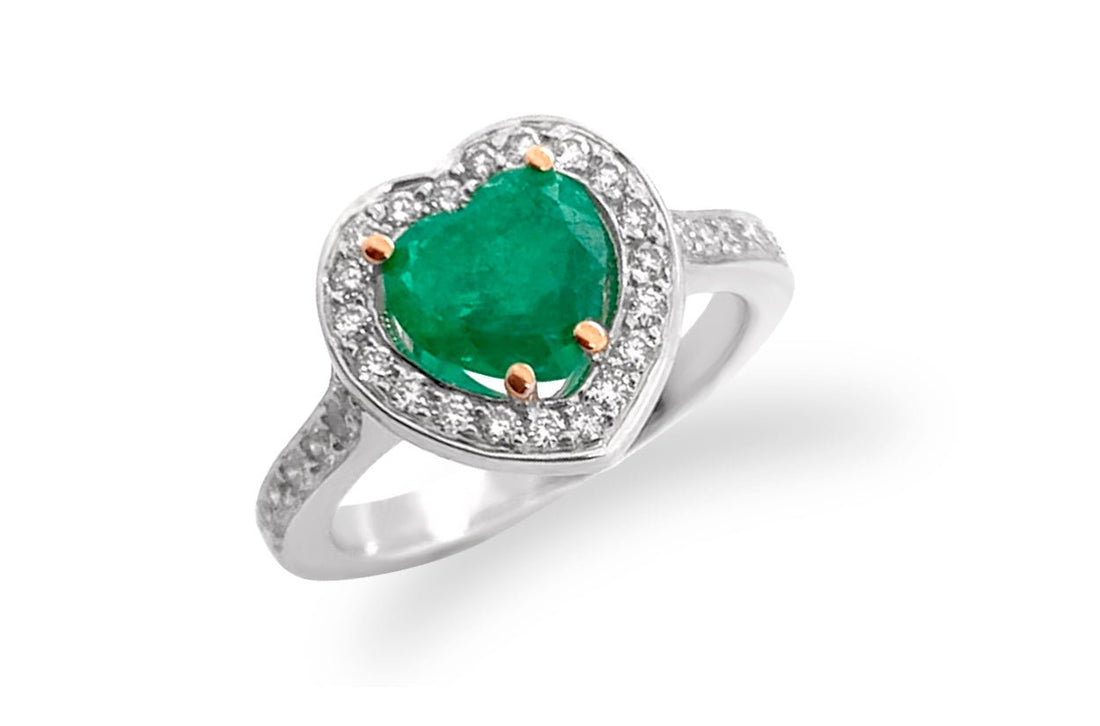 Ring 18kt Gold Emerald Heart &amp; Diamonds - Diamond Tales Fine Jewelry