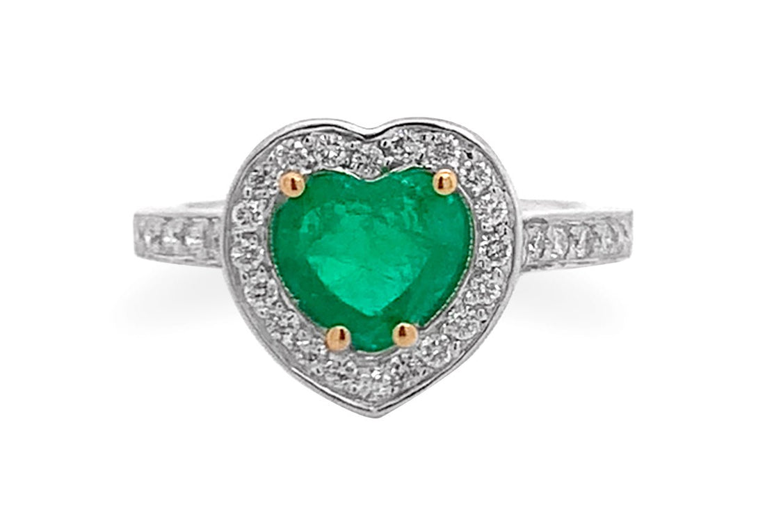 Ring 18kt Gold Emerald Heart &amp; Diamonds - Diamond Tales Fine Jewelry