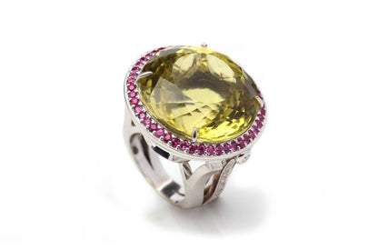 Ring 18kt Gold Lemon Citrine with Diamonds &amp; Sapphires - Diamond Tales Fine Jewelry