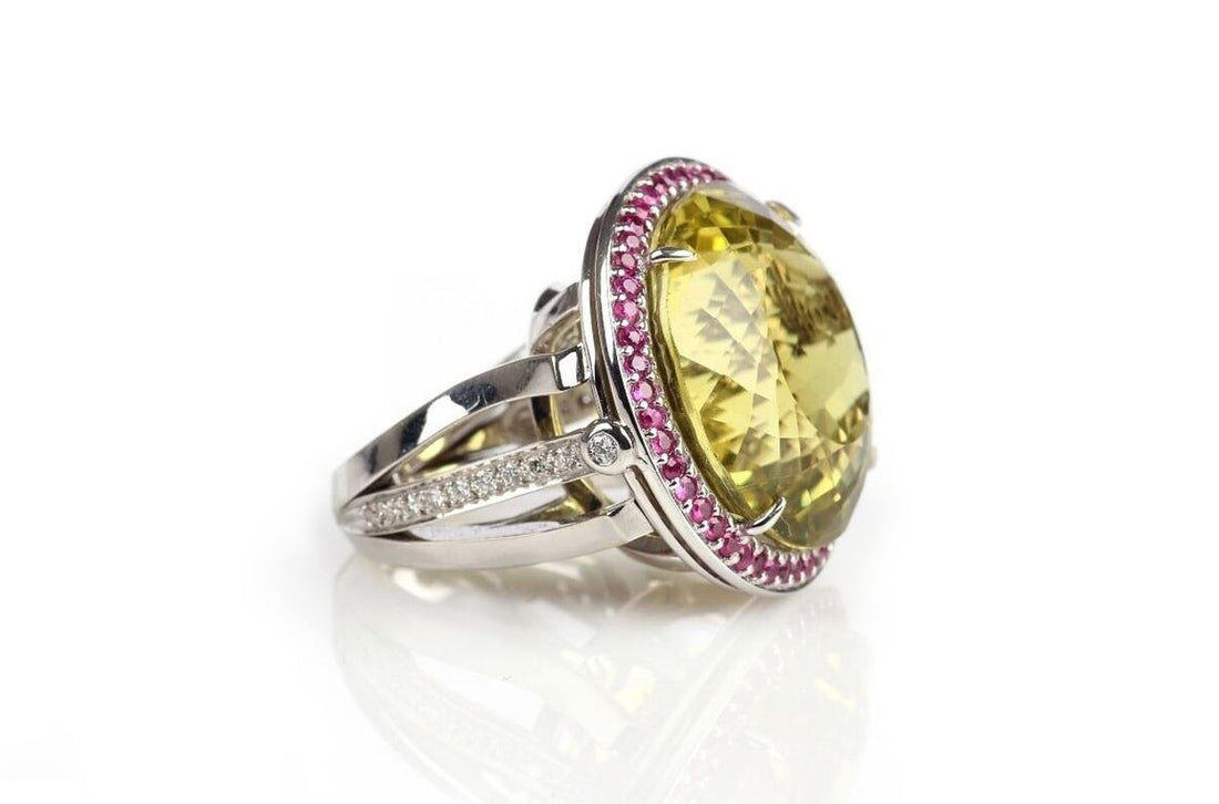 Ring 18kt Gold Lemon Citrine with Diamonds &amp; Sapphires - Diamond Tales Fine Jewelry