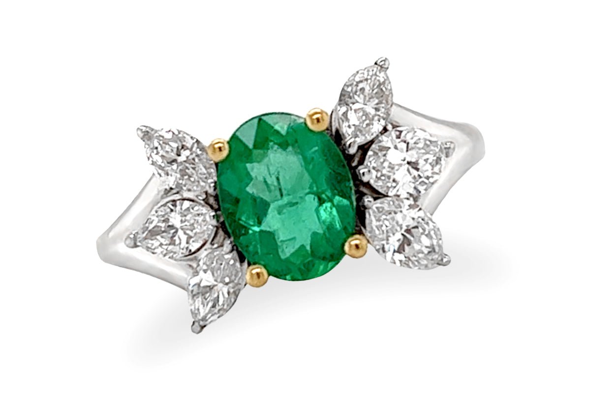 Ring 18kt Gold Majestic GIA Oval Emerald &amp; Marquise Diamonds - Diamond Tales Fine Jewelry