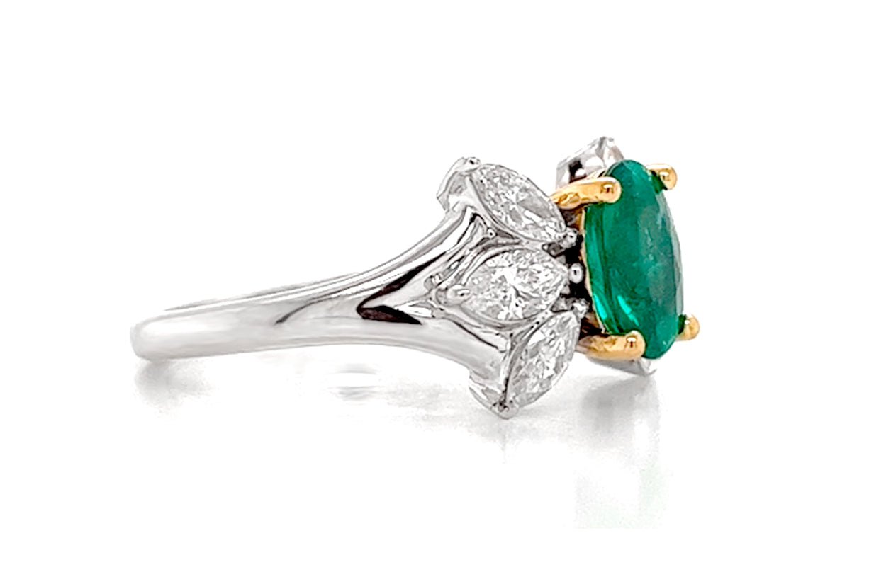 Ring 18kt Gold Majestic GIA Oval Emerald &amp; Marquise Diamonds - Diamond Tales Fine Jewelry