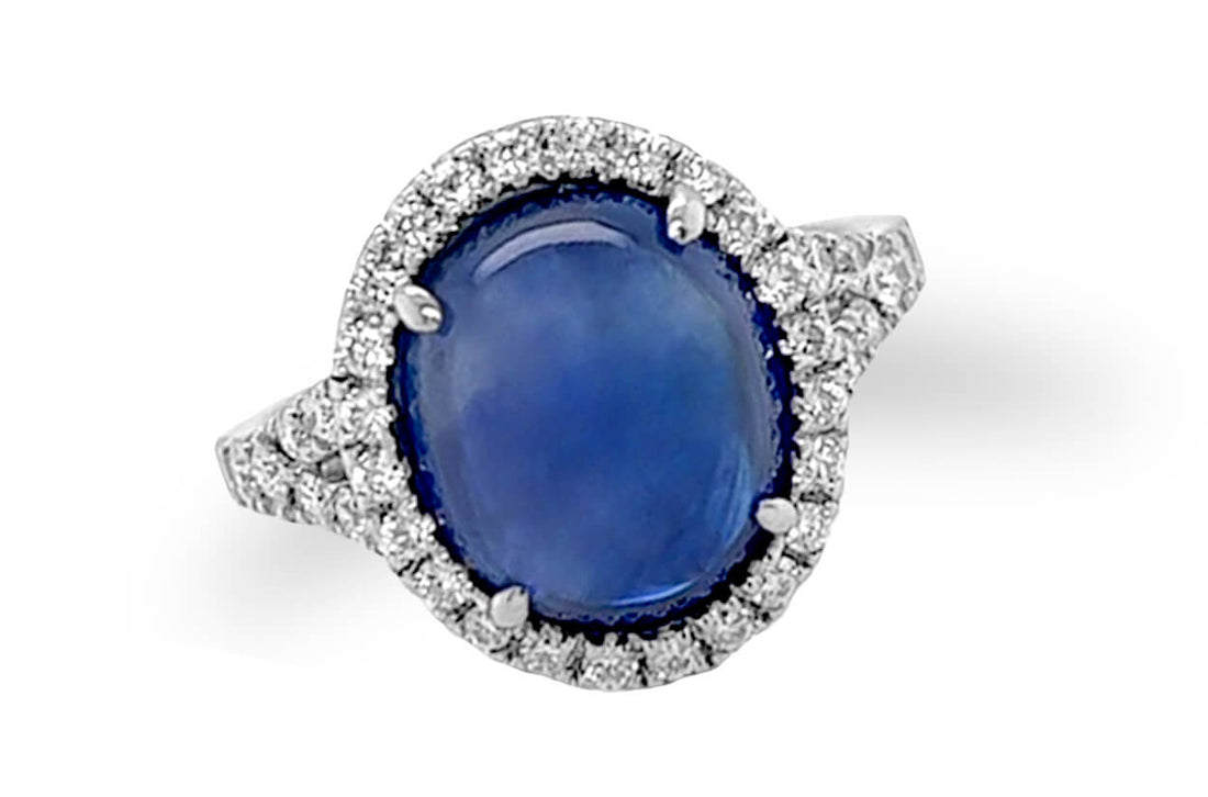 Ring 18kt Gold Oval Blue Sapphire Double Cabochon GIA &amp; Diamonds - Diamond Tales Fine Jewelry