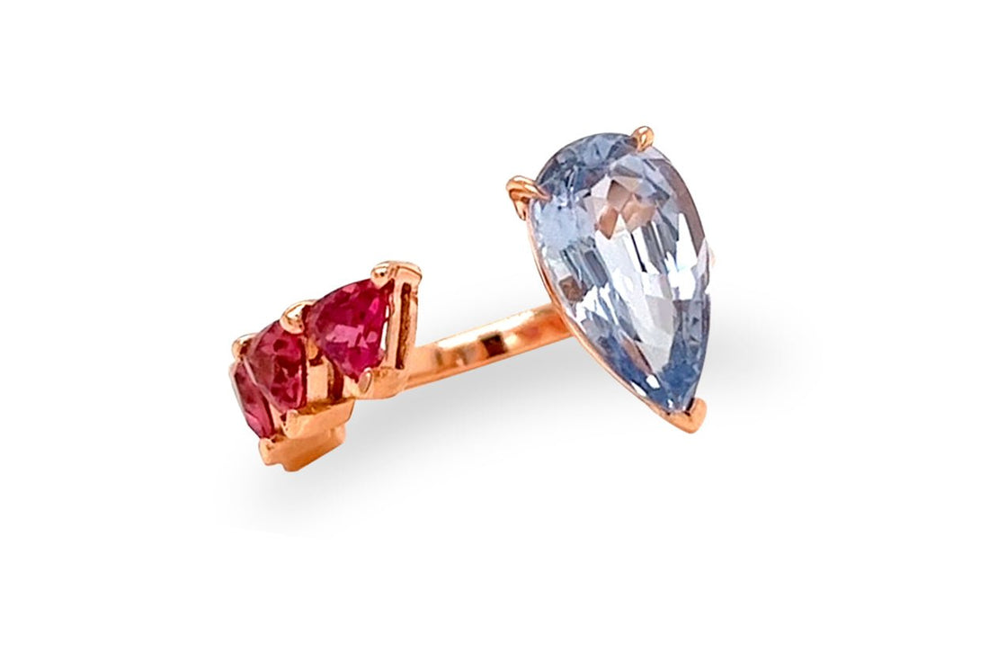 Ring 18kt Gold Pear Sapphire &amp; Trillion Rubellite - Diamond Tales Fine Jewelry