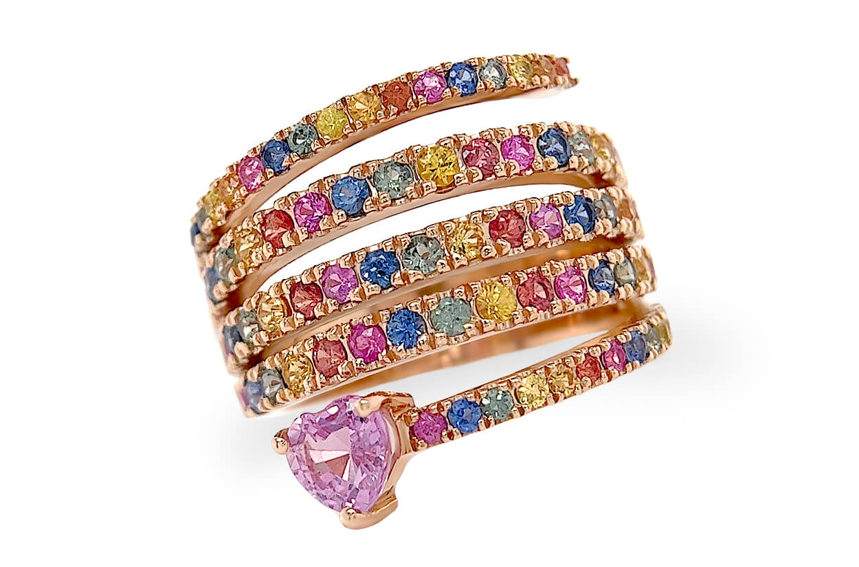 Ring 18kt Gold Spiral Rainbow Multicolor Sapphires &amp; Heart - Diamond Tales Fine Jewelry