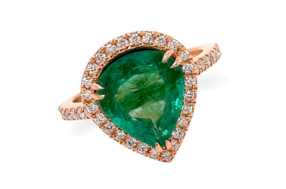 Ring 18kt Rose Gold Pear Emerald &amp; Diamonds - Diamond Tales Fine Jewelry