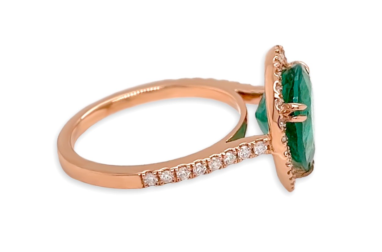 Ring 18kt Rose Gold Pear Emerald &amp; Diamonds - Diamond Tales Fine Jewelry